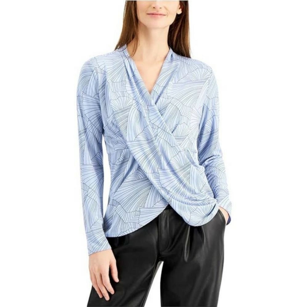 Alfani Printed Faux Wrap Style Blouse Top Large